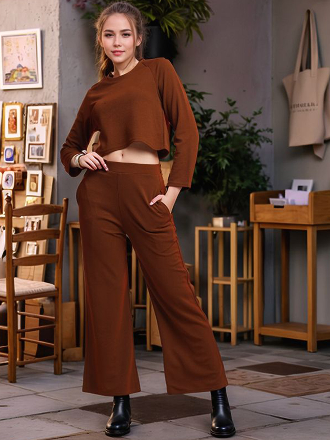 Round Neck Cotton Shirt With Trousers Co-Ords charcoal