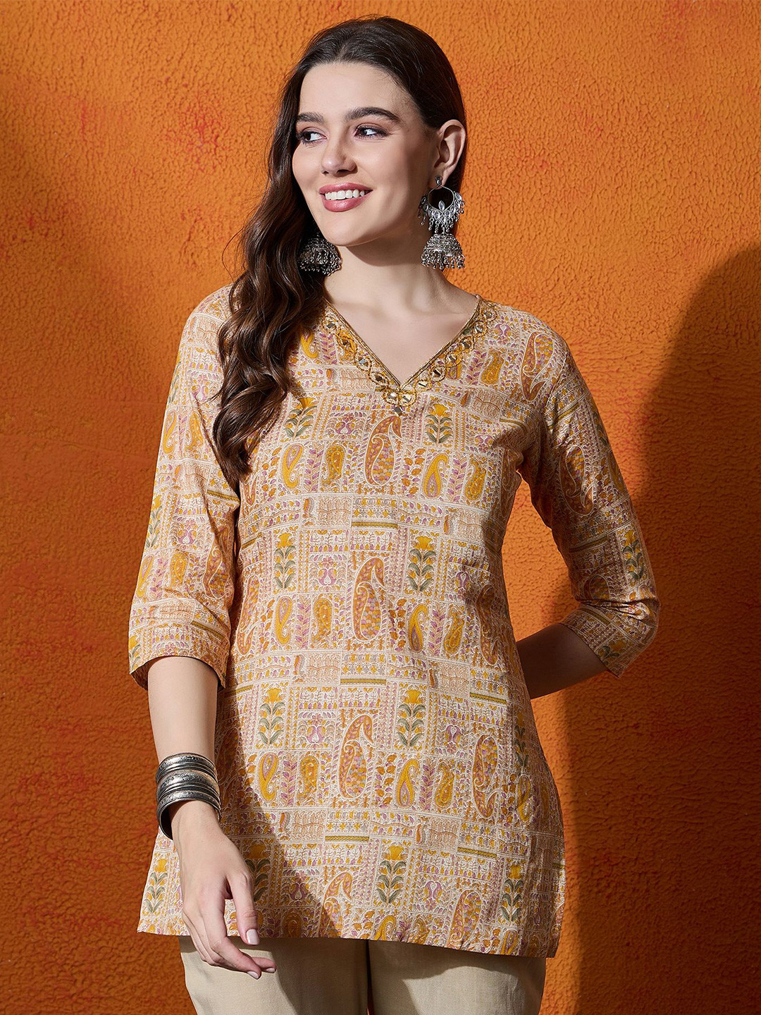Women's Blue Ethnic Motifs Yoke Design Mirror Work Mirror Work Pleated Kurti