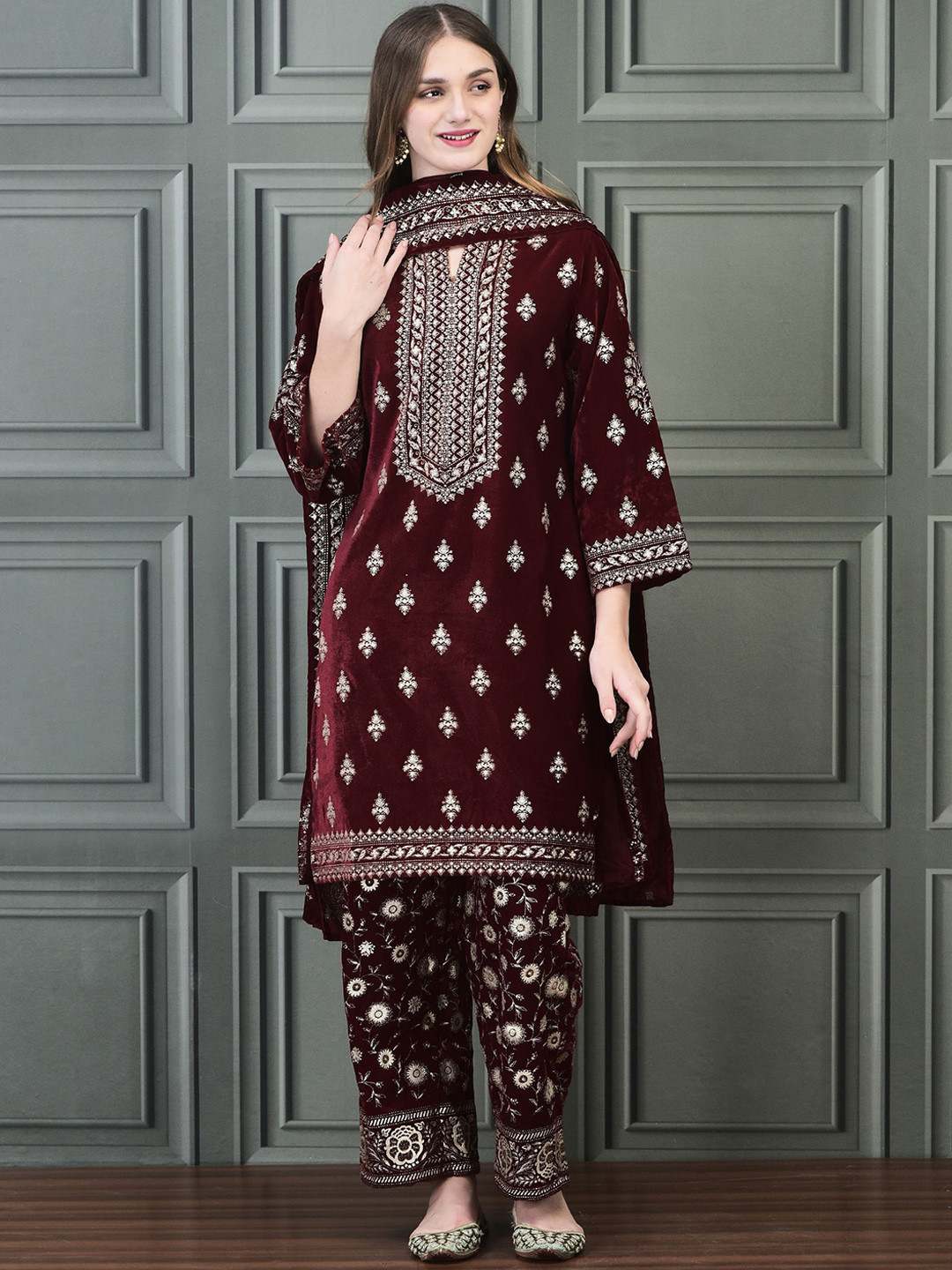 Multicoloured Printed Velvet Straight Kurta With Dupatta main image 0