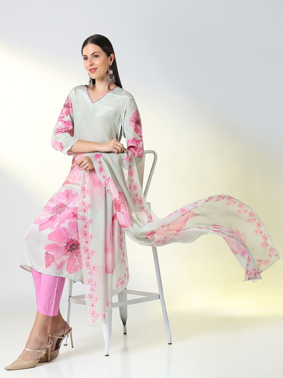 Women  V Neck Straight Kurta with Pants & Dupatta
