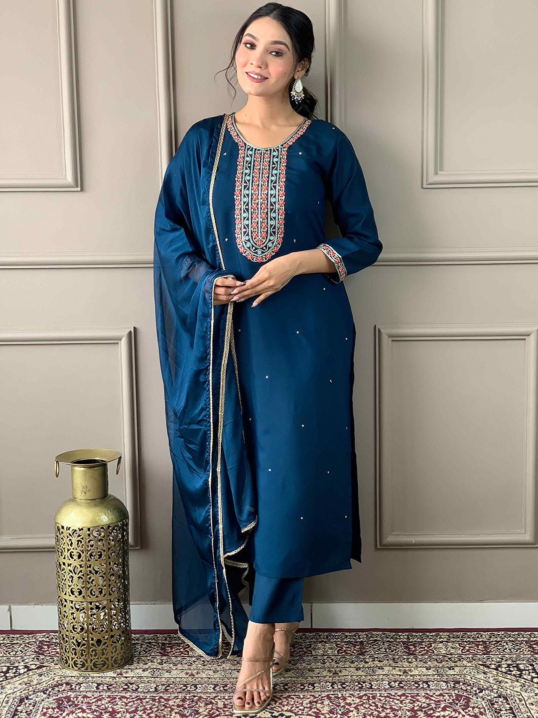 Women  Blue Floral Embroidered Regular Chanderi Silk Kurta with Trousers & With Dupatta