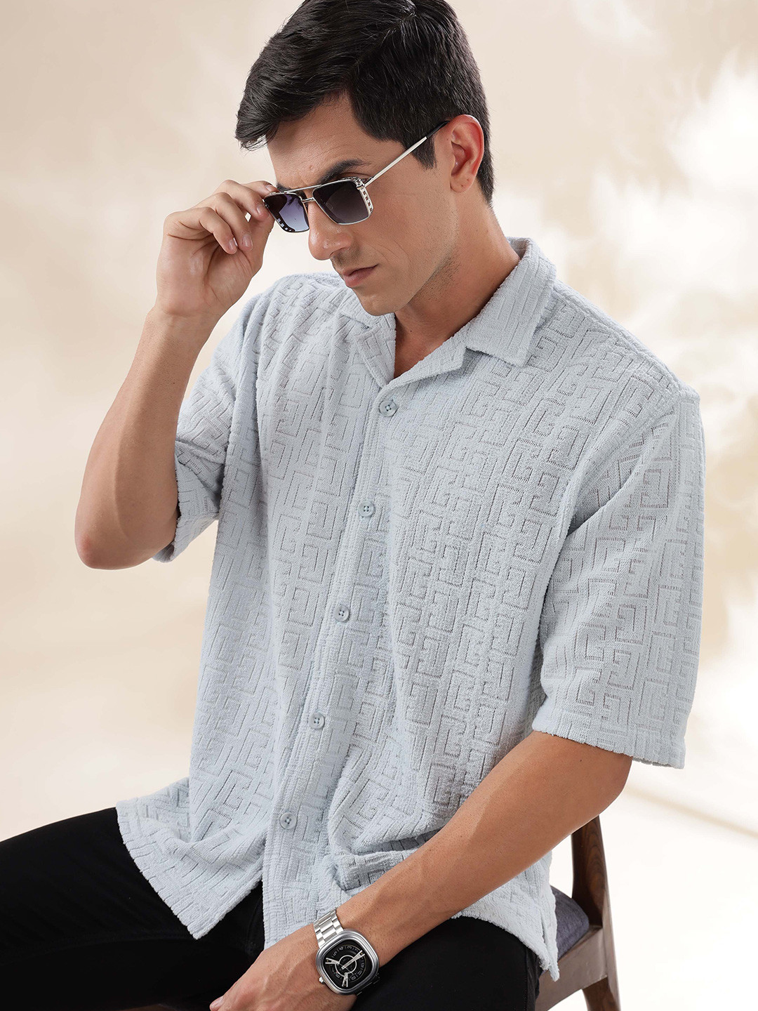 Men's Black Abstract Cuban Collar Relaxed Fit Shirt