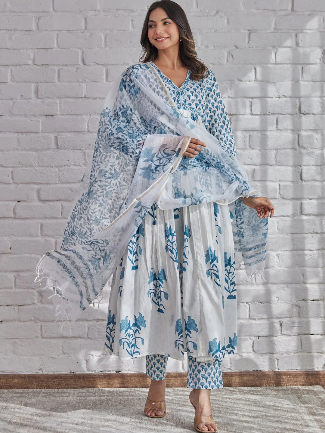 Floral Printed Sequinned Sweetheart Neck Anarkali Kurta With Palazzo & Dupatta