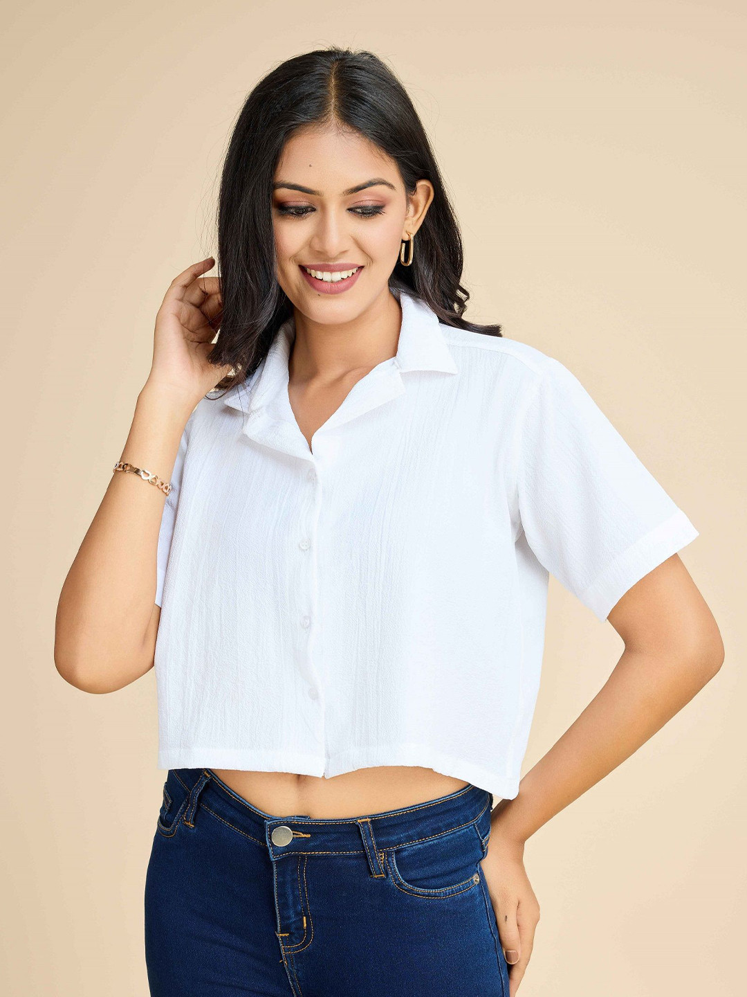 Women's Cream Studded Shirt Style Crop Top