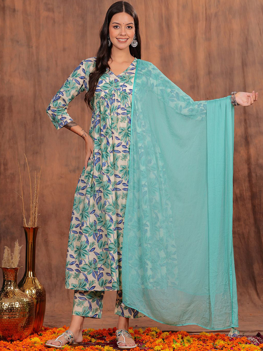 Tritiyaa Floral Cotton A-Line Kurta Pant Dupatta Set | Embroidered Summer 3-Piece main image 0