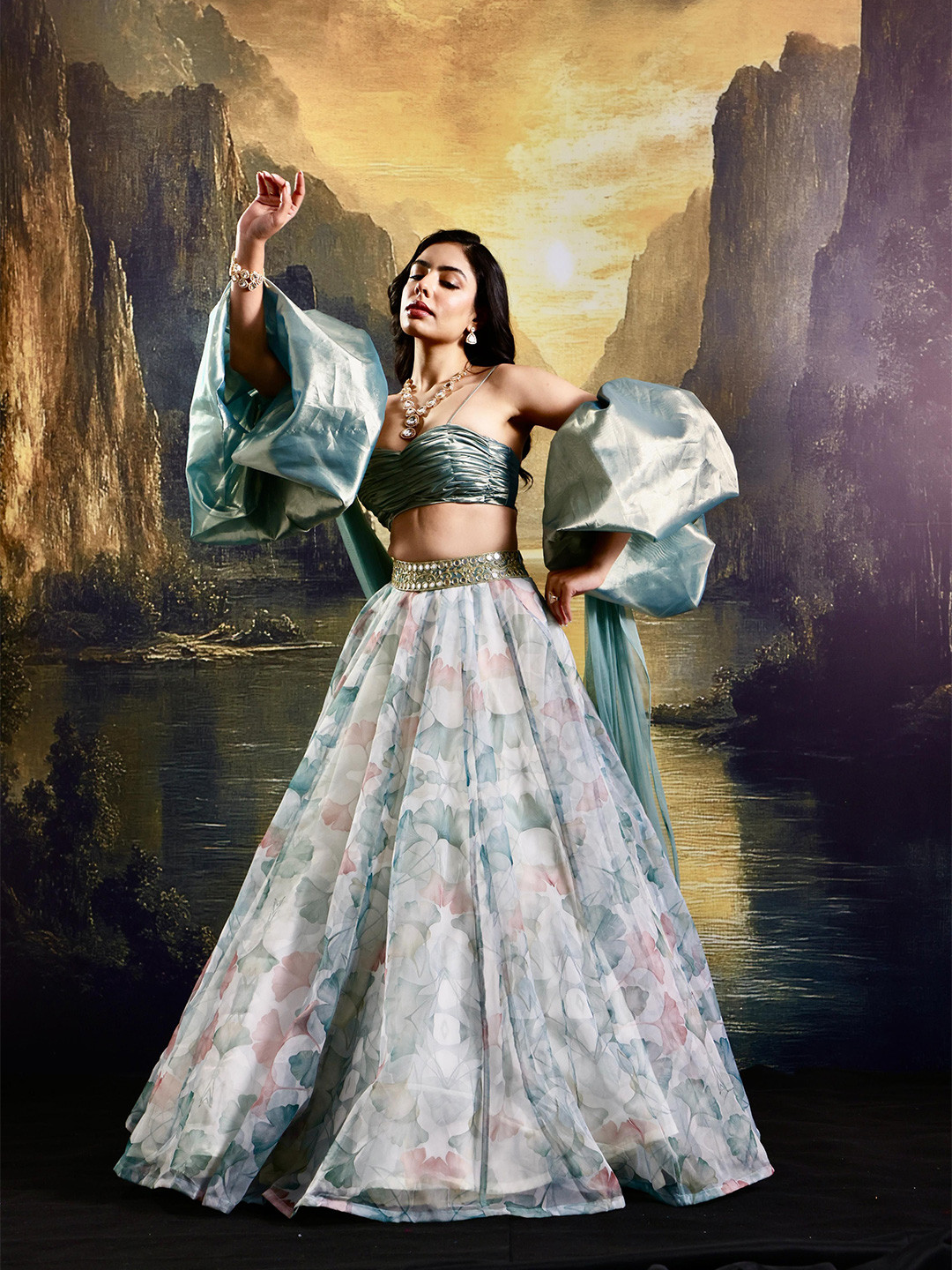 Designer Rashika's Navy Blue Kaya Printed Designer Lehenga With One Shoulder Blouse- Rent