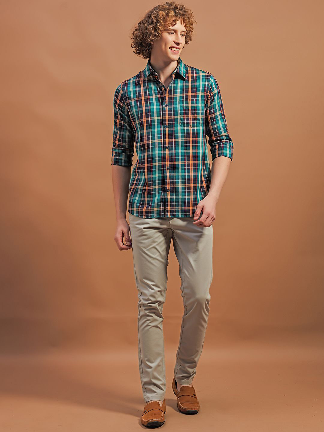 Men's Red Tartan Checks Spread Collar Long Sleeves Comfort Cotton Casual Shirt