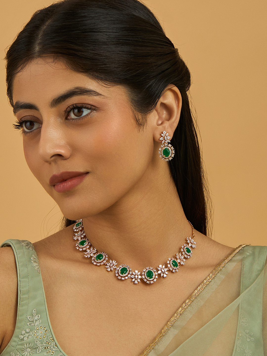 Gold Plated Ruby & Cubic Zirconia Studded Jewellery Set