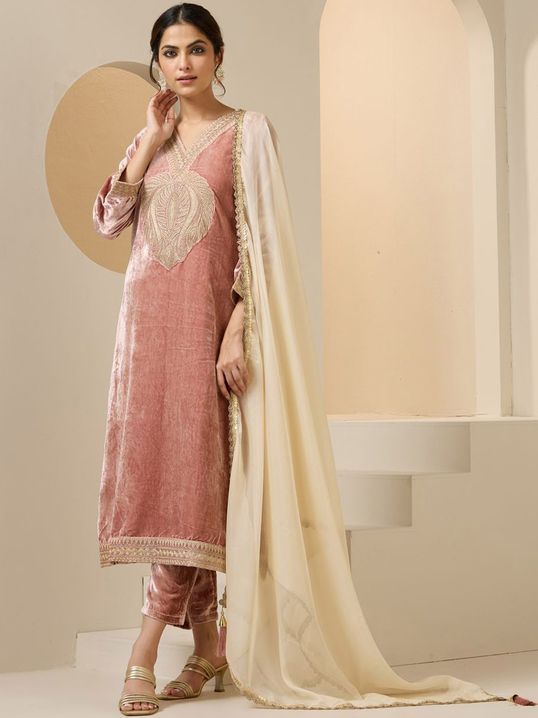 Women Ethnic Motifs Embroidered Sequinned Pure Cotton Kurta with Sharara & Dupatta Set