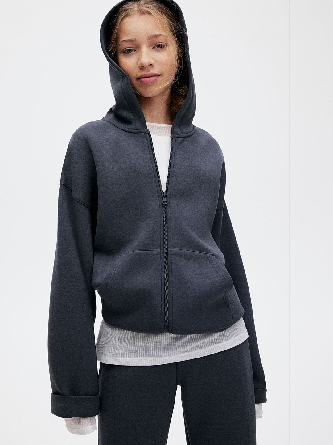 Girls Navy Floral Scuba Full Sleeve Crop Hoodie