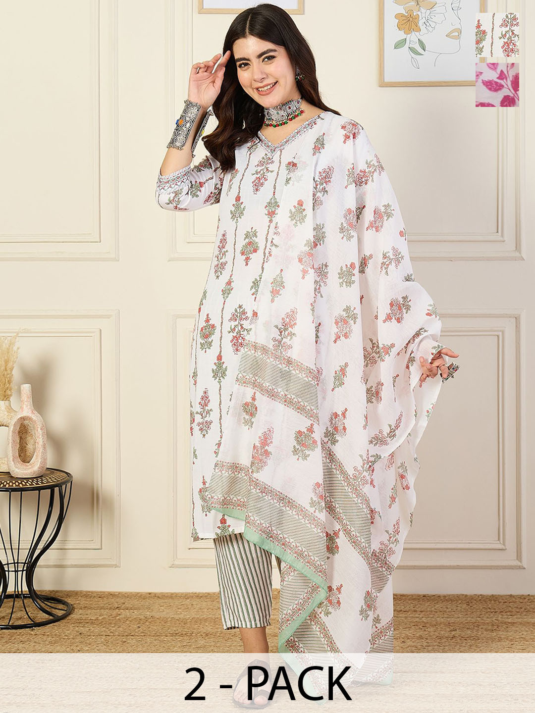 Women Floral Printed Calf Length V Neck Kurti And Palazzo Set With Printed Cotton Dupatta (K207)