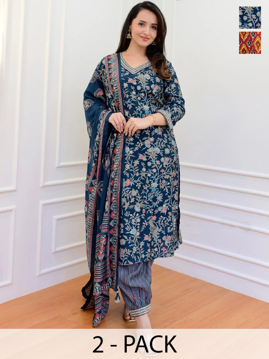 Floral Embroidered Sequinned Straight Kurta with Salwar & With Dupatta
