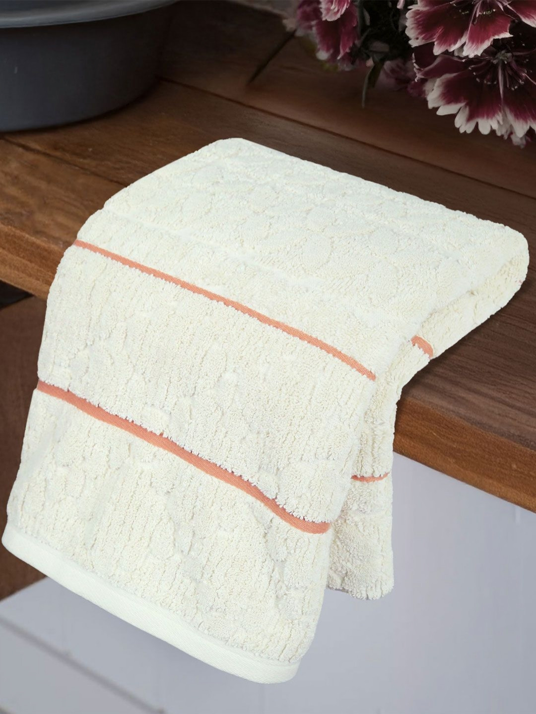 Buy MYTRIDENT RIPPLE White & Brown Striped Pure Cotton 600 GSM Bath ...