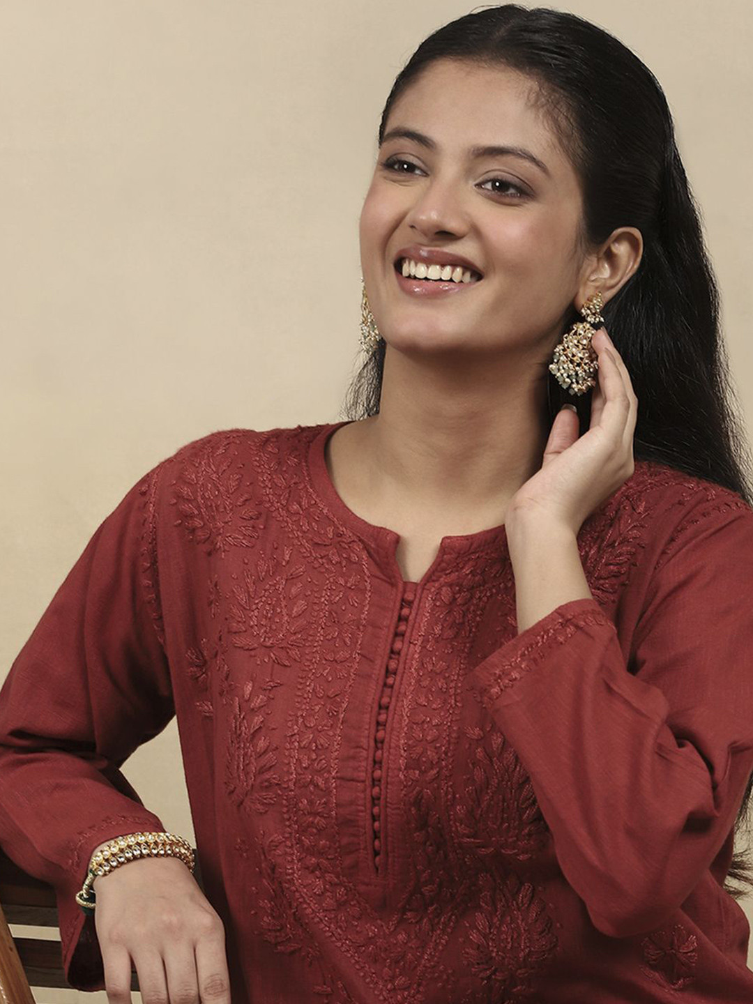 Women Brown Ethnic Motifs Embroidered Chikankari Kurta with Palazzos
