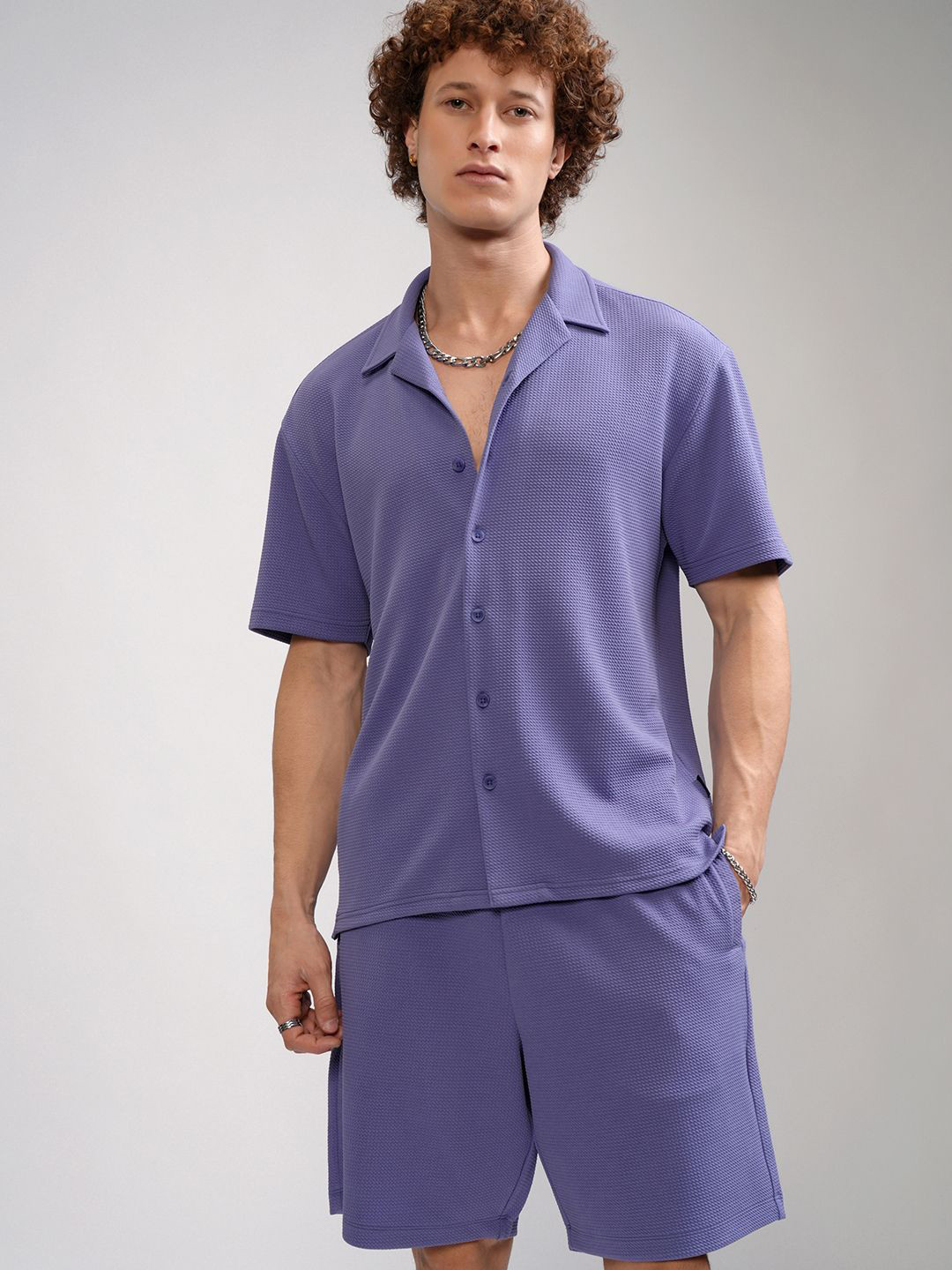 Men's Grey Cuban Collar Relaxed Fit Casual Shirt