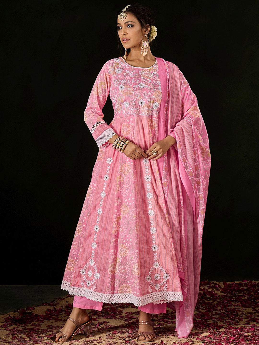 Pink Floral Printed Embroidered Cotton Kurta Set main image 0