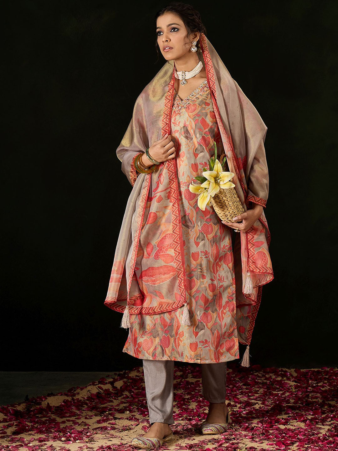 Women Floral printed v_neck silk Kurta with trouser And Dupatta main image 1
