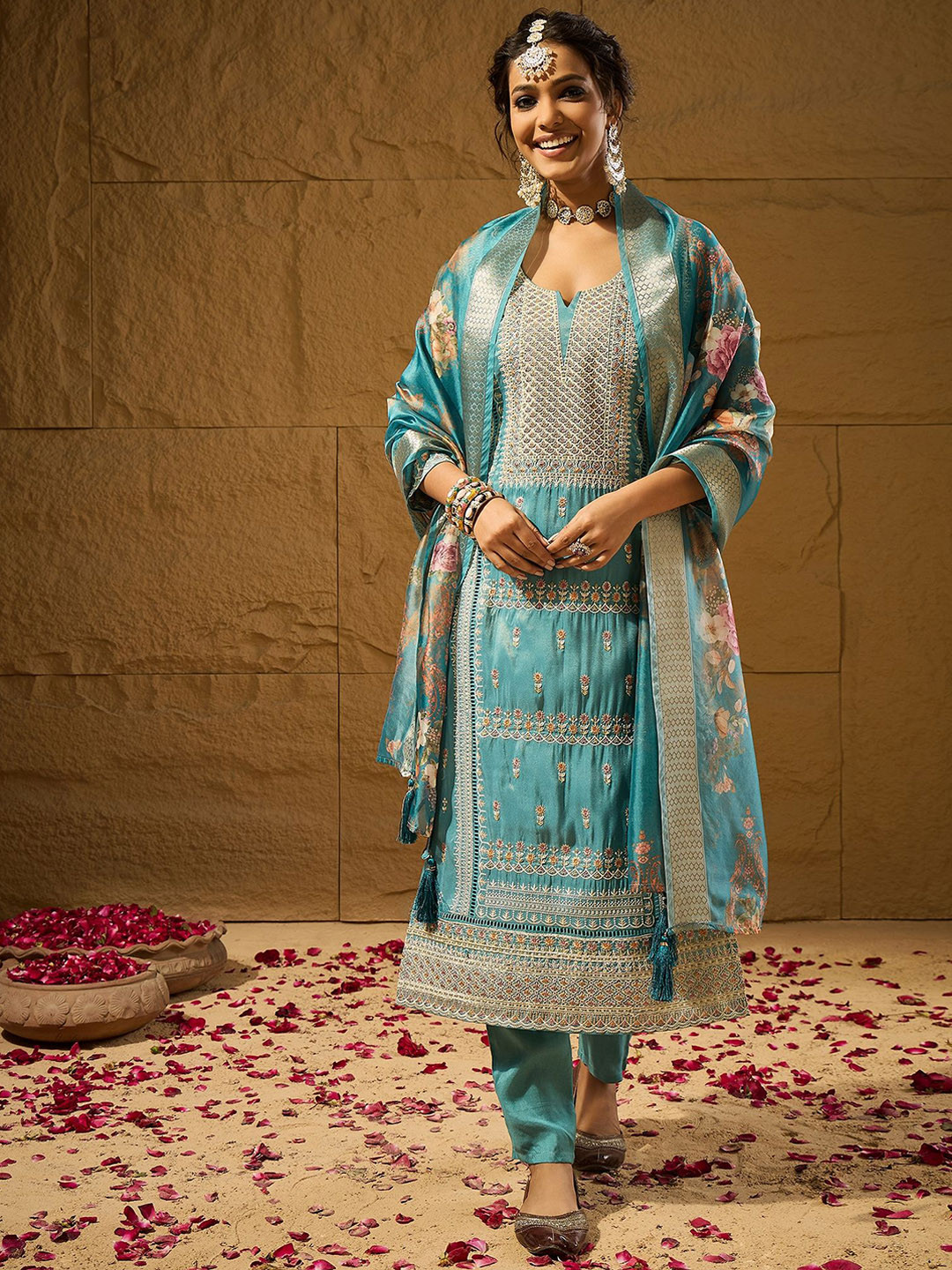 floral Embroidered Blue round neck pure cotton kurta with trouser & dupatta