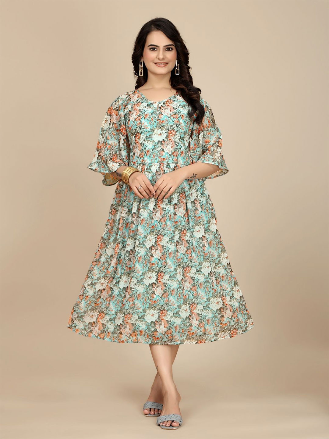 Sea Green Printed Georgette Flared Dress main image 1