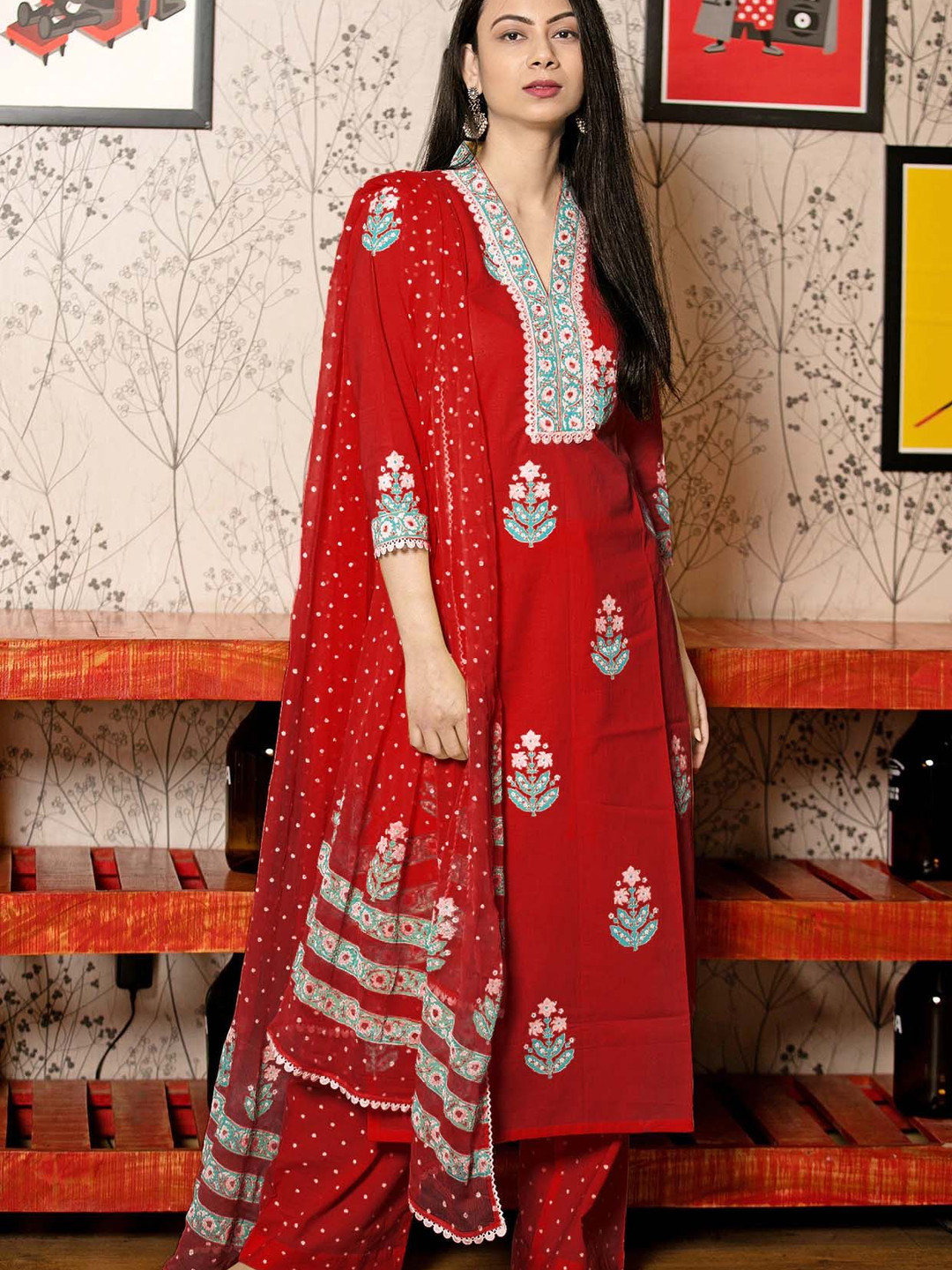 Nitimatta Women's Indian Kurta Set - Straight 3/4 Sleeve Tunic With Palazzos