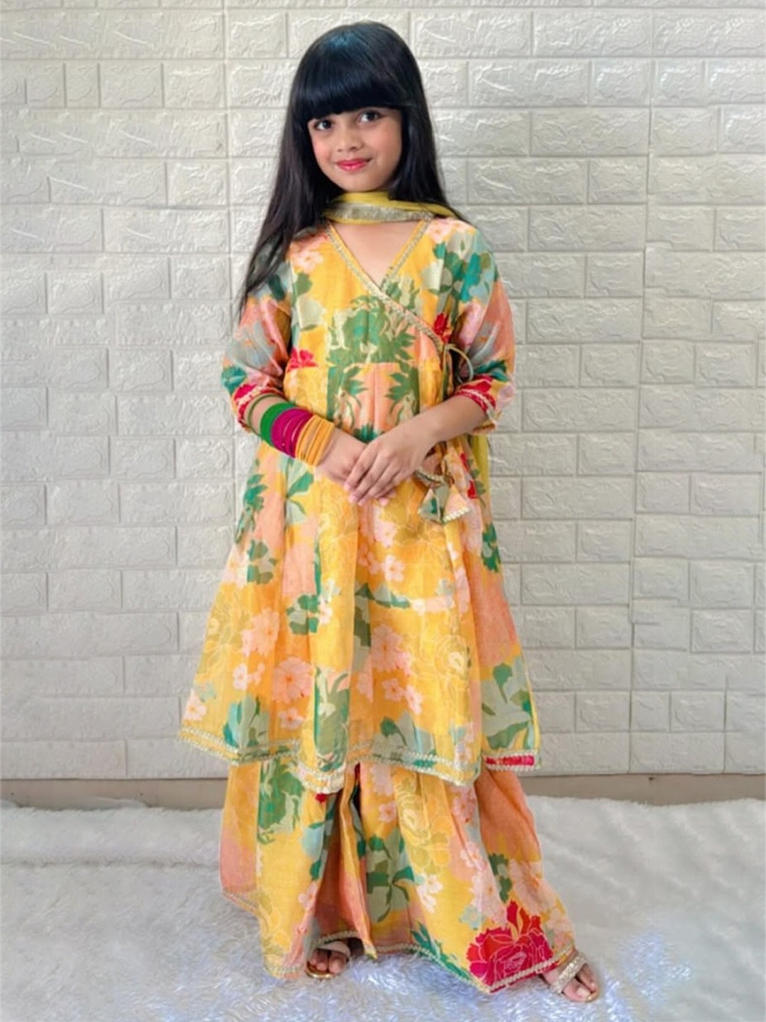 Girls Blue Embroidered Angrakha Kurta with Trousers set With Dupatta