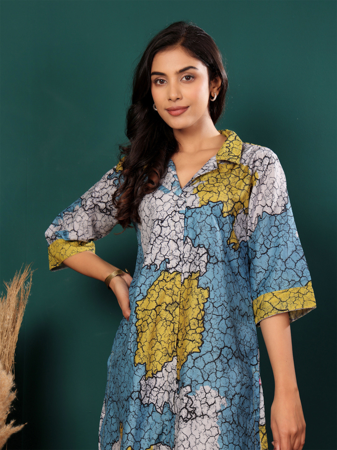 Graphic Printed Long Shirt Kurta with Stand Collar