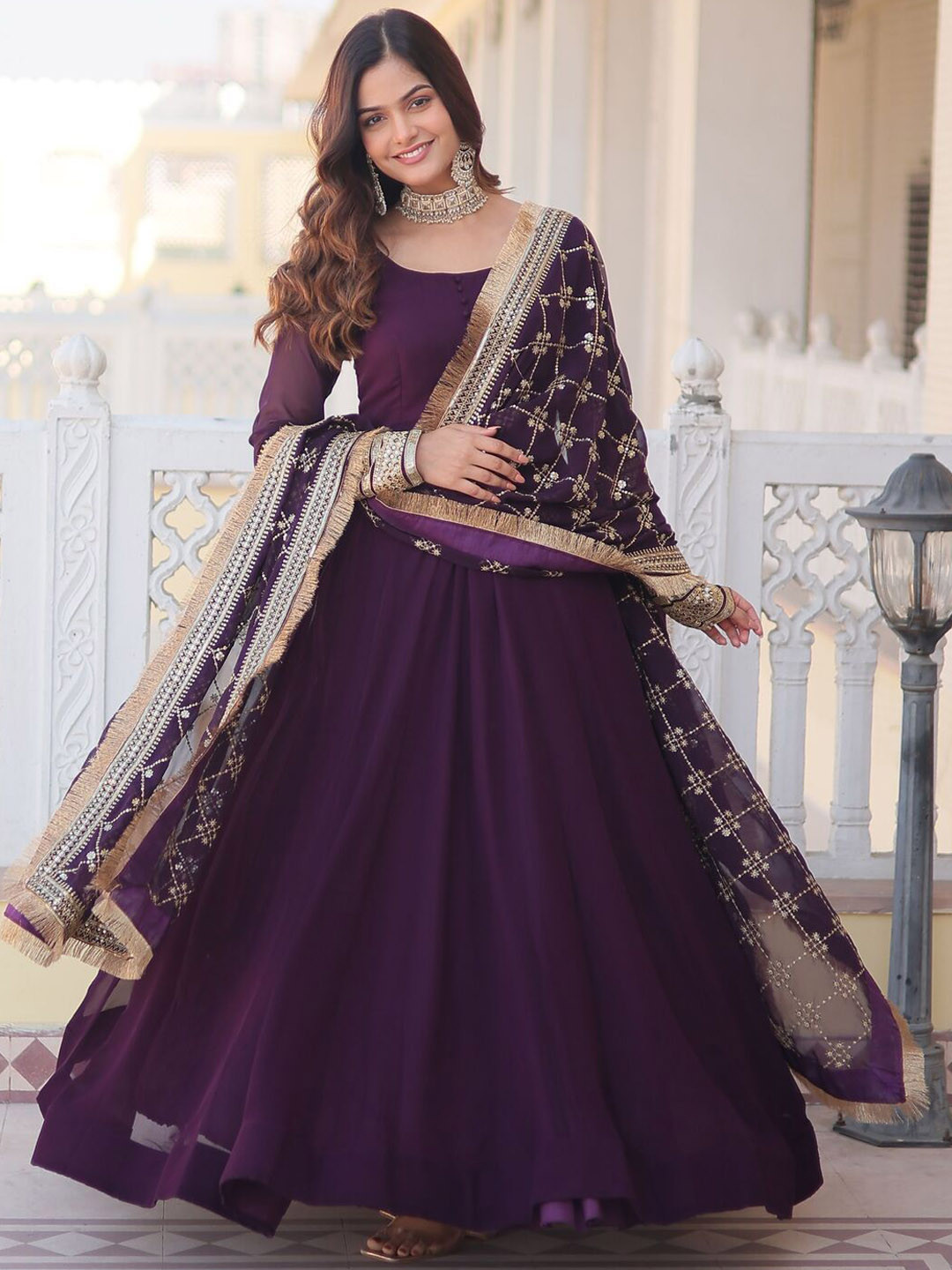 Wedani Anarkali Donna In Georgette Ricamato - Vestito Lungo Al Polpaccio, Maniche 3/4