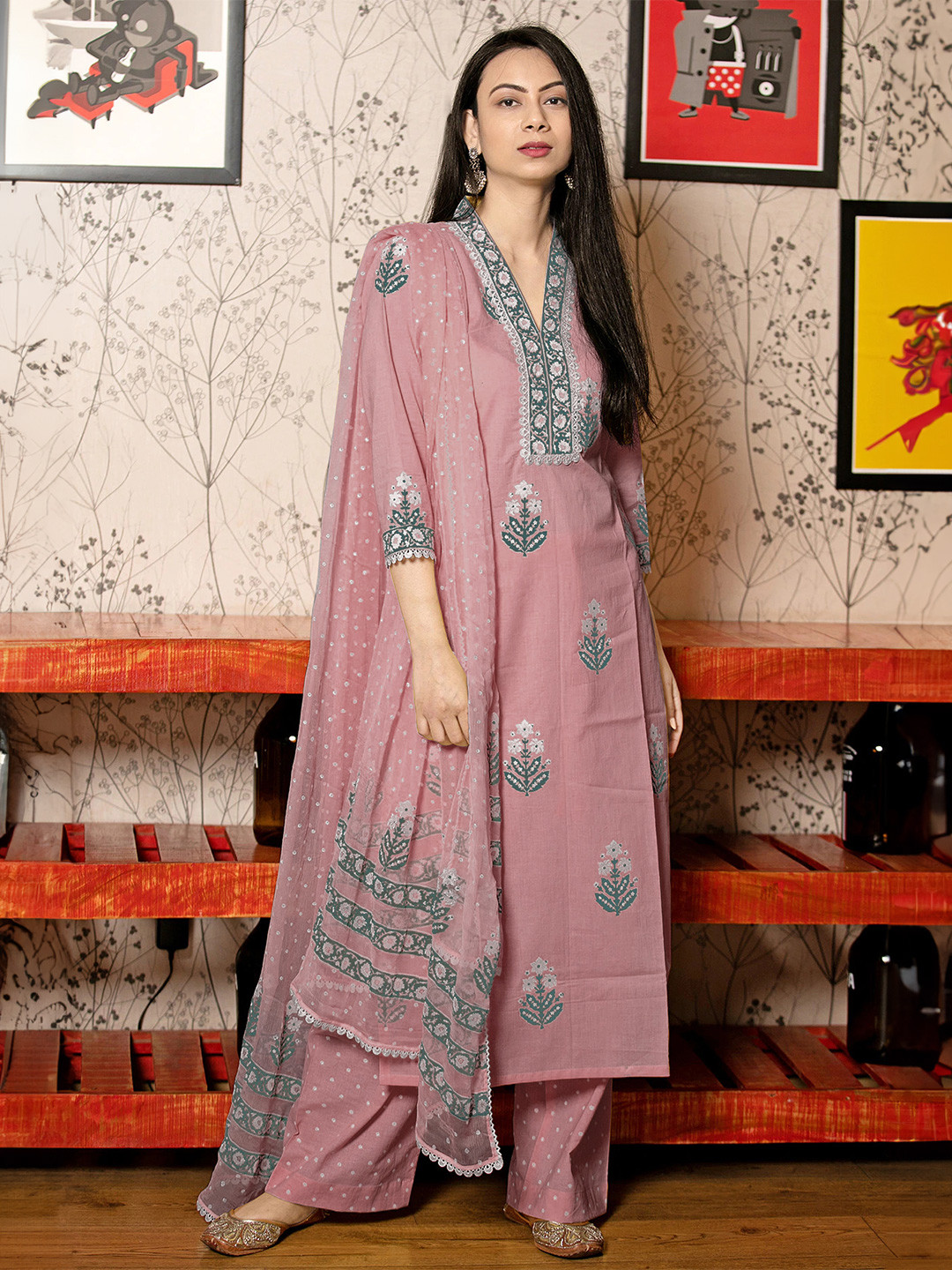 GoSriKi Damen Kurta Set - Baumwollmischung Mit Hose & Dupatta In Farali Blue
