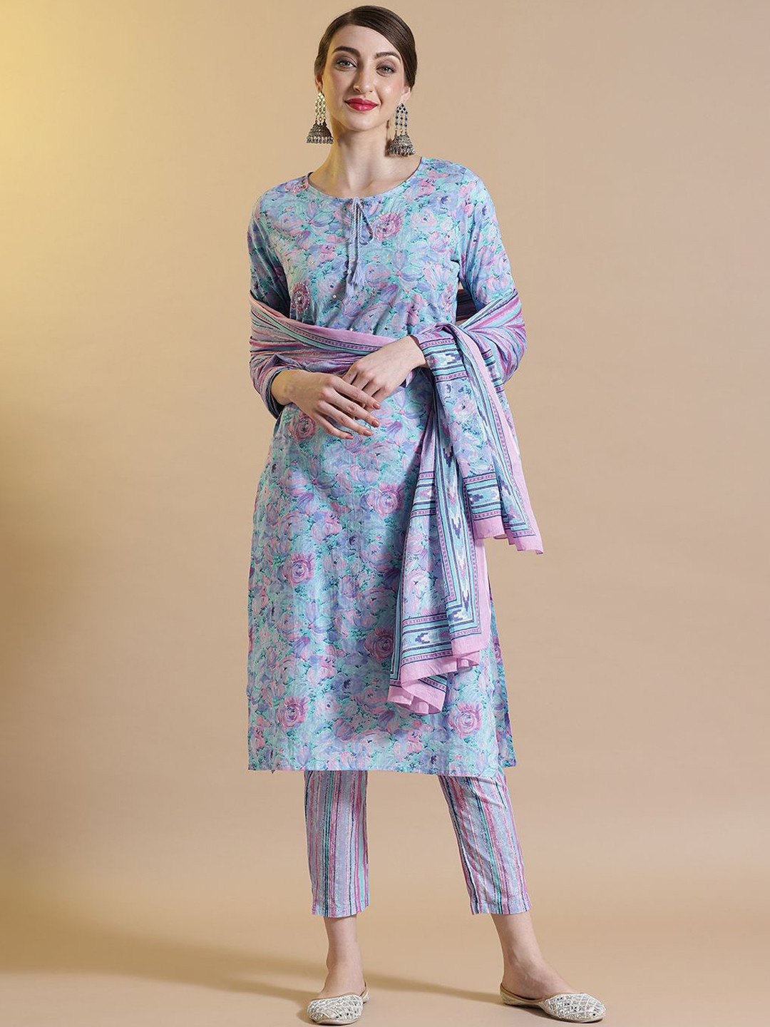 Women Grey Embroidered Pure Silk Tie-Up Neck Kurta & Trousers With Dupatta main image 1