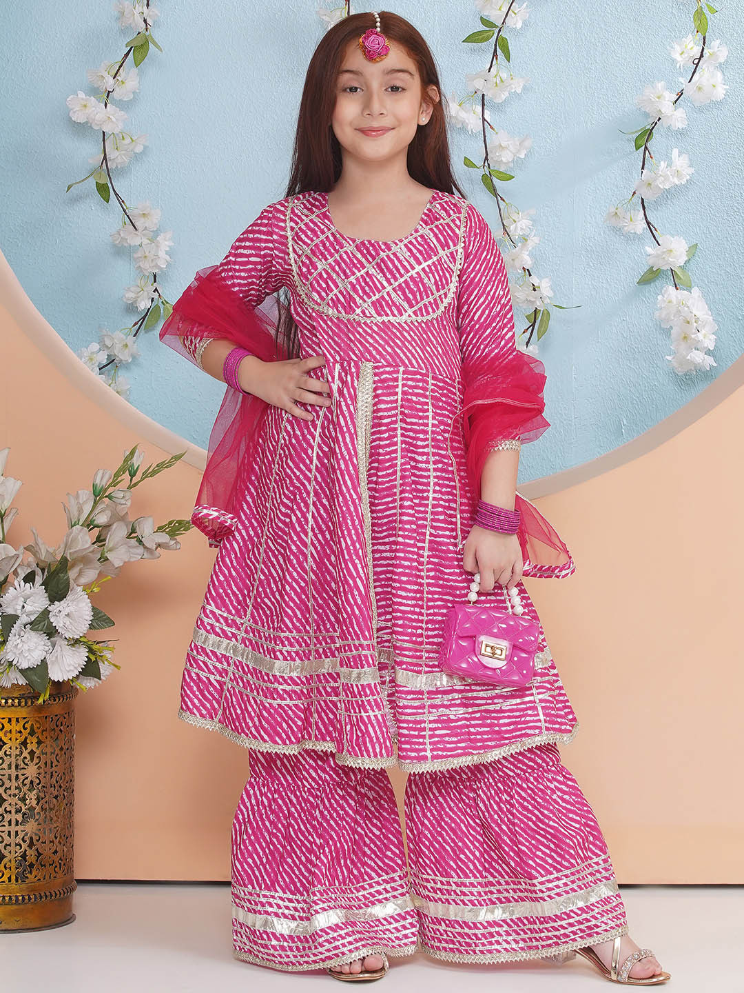 Buy Little Zing Girls Leheriya Printed Kurti With Sharara Dupatta buy-little-zing-girls-leheriya-printed-kurti-with-sharara-dupatta