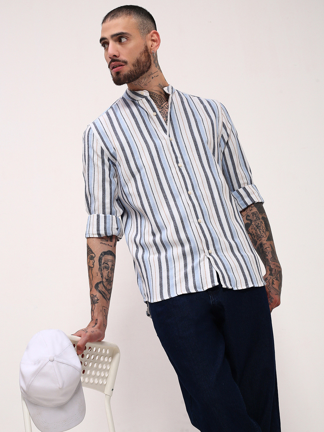 Men's Green Mandarin Collar Vertical Striped Slim Fit Shirt