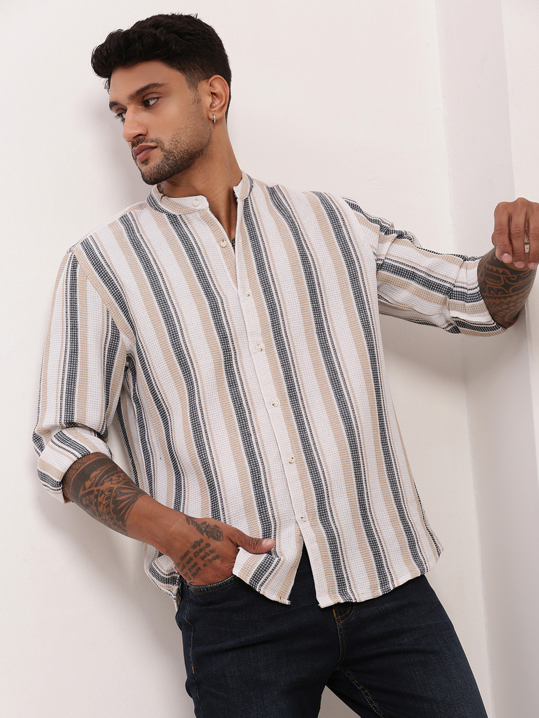 Men's Graphic Printed Red Mandarin Collar Slim Fit Shirt
