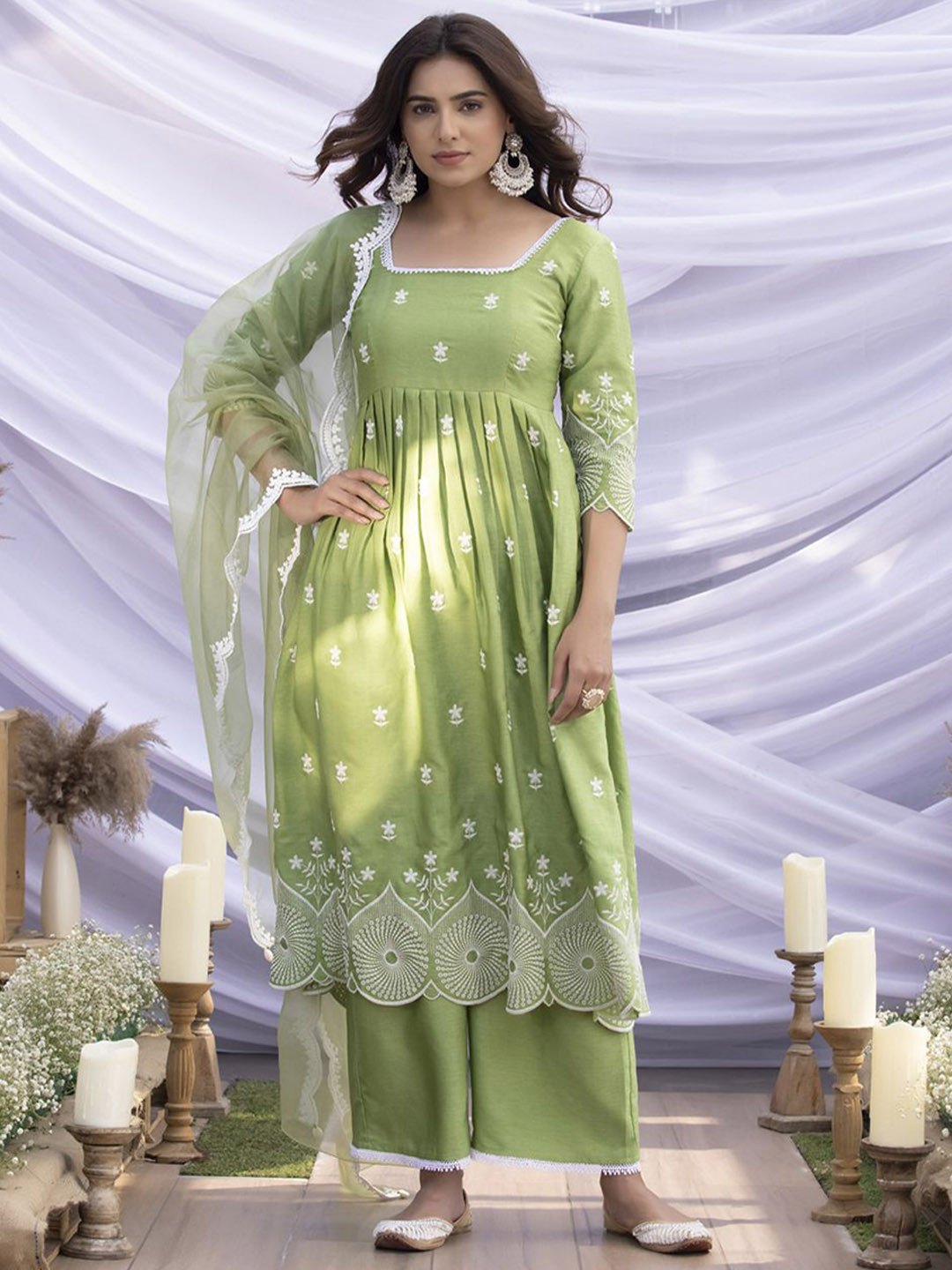 Women Grey Printed A-Line Kurta Trouser With Dupatta Set