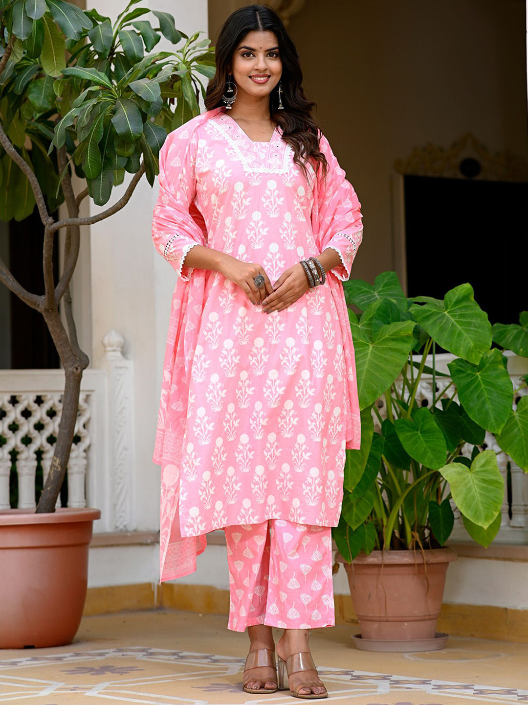 Floral printed brown round_neck Pure Cotton Kurta Set With Trouser & Dupatta
