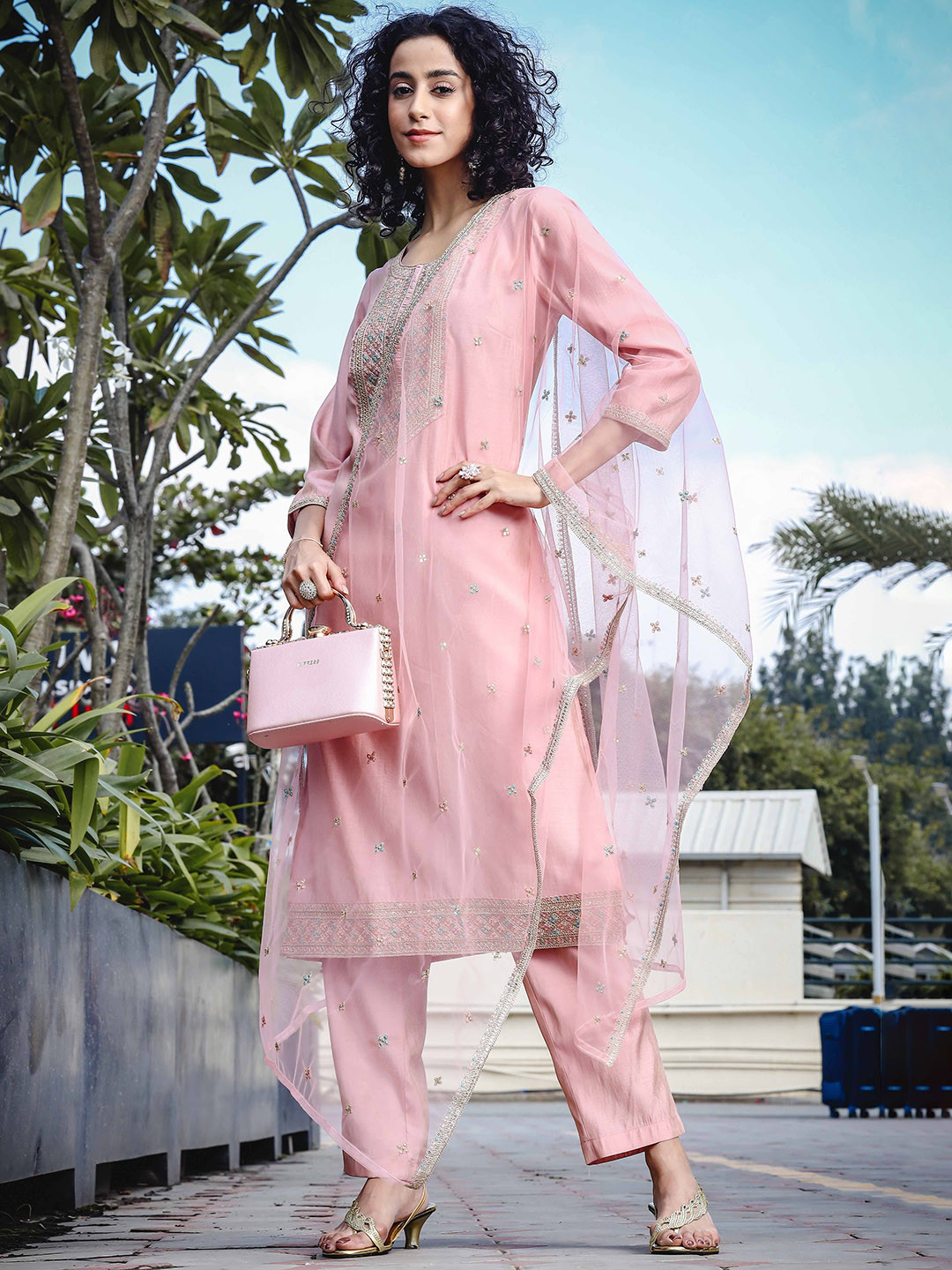 Lurex Striped Hand Block Printed Pink Ethnic Kurta With Open Jacket And Dhoti main image 0