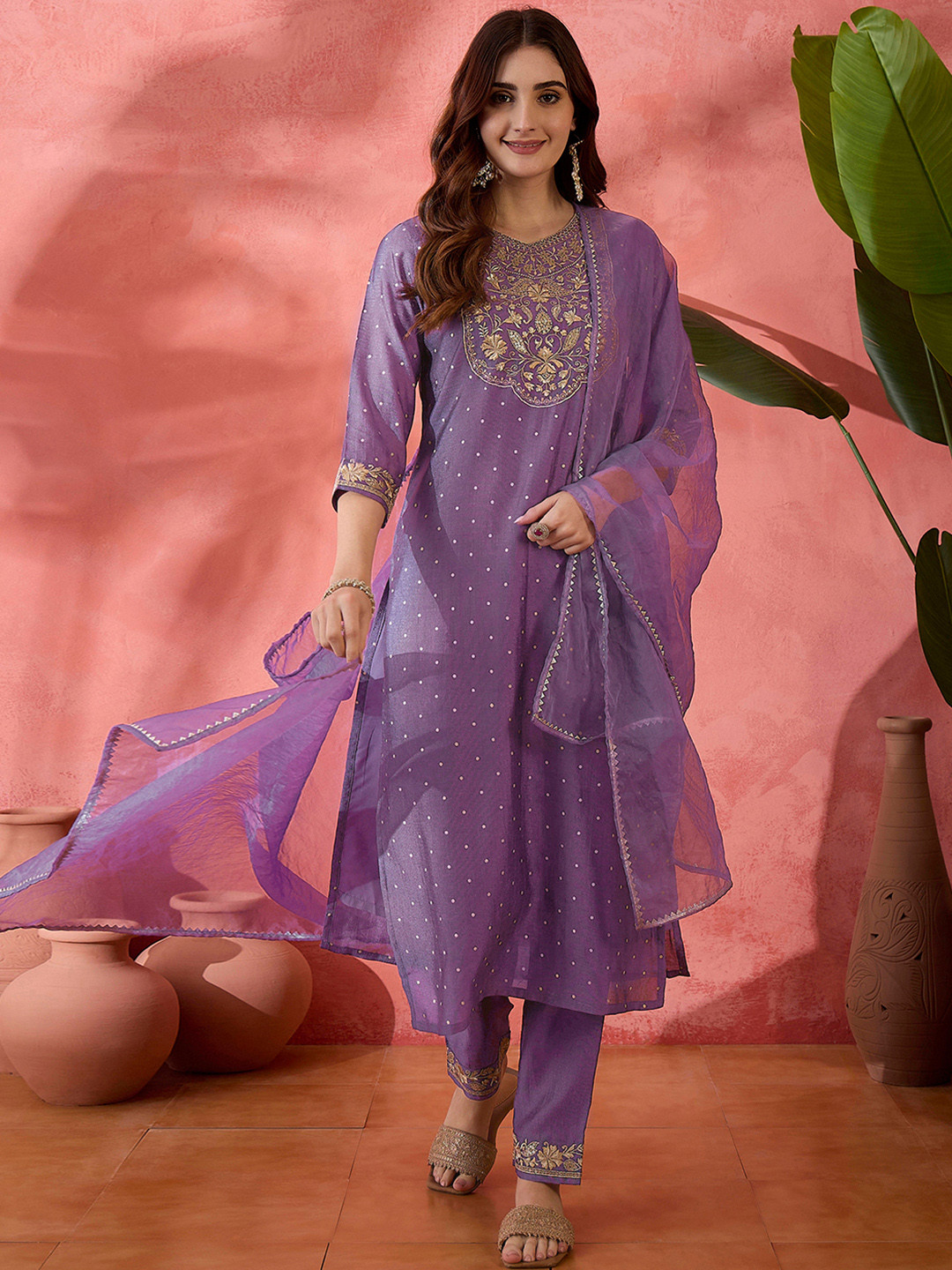 Women Magenta Embroidered Straight Kurta Trousers With Dupatta Set