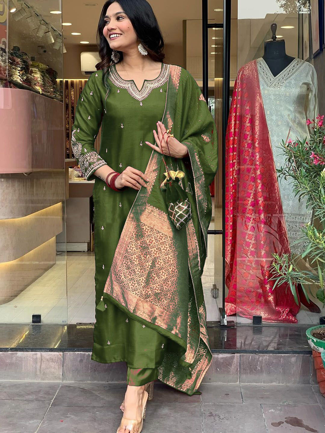 Women Black Floral Embroidered Notch Neck Straight Kurta With Trousers And Dupatta main image 0