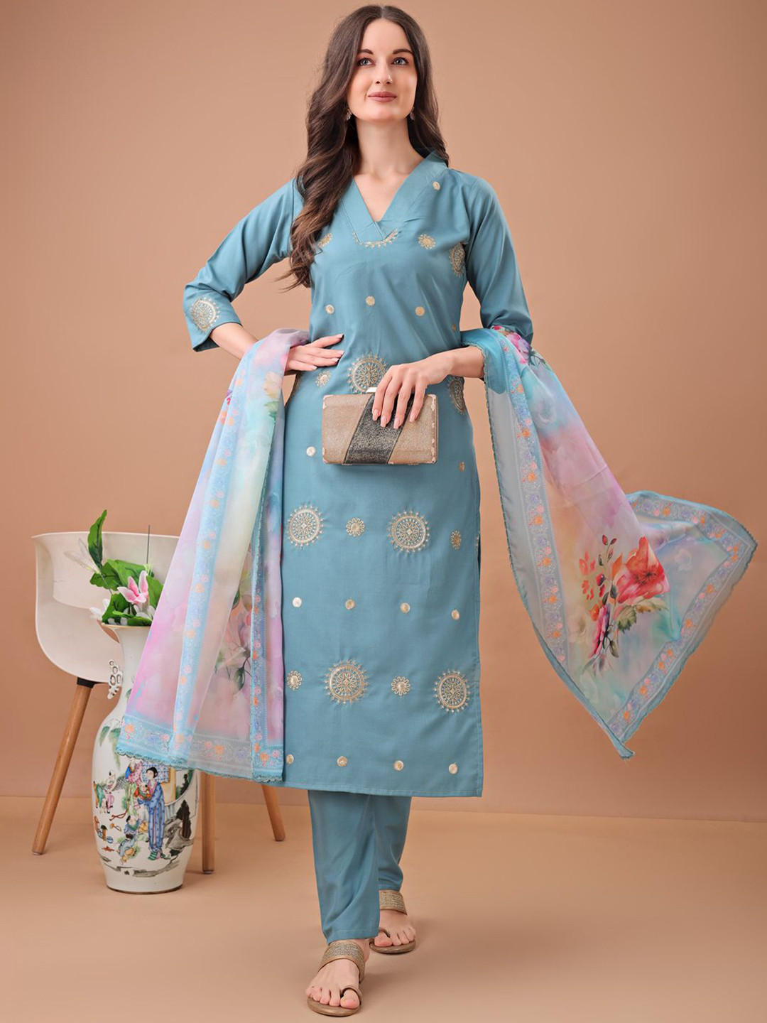 Floral Embroidered Round Neck Sequinned Kurta With Trouser & Dupatta