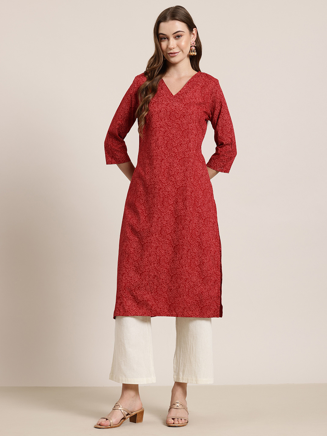 Women's Coral Ethnic Motifs Printed Straight Kurta