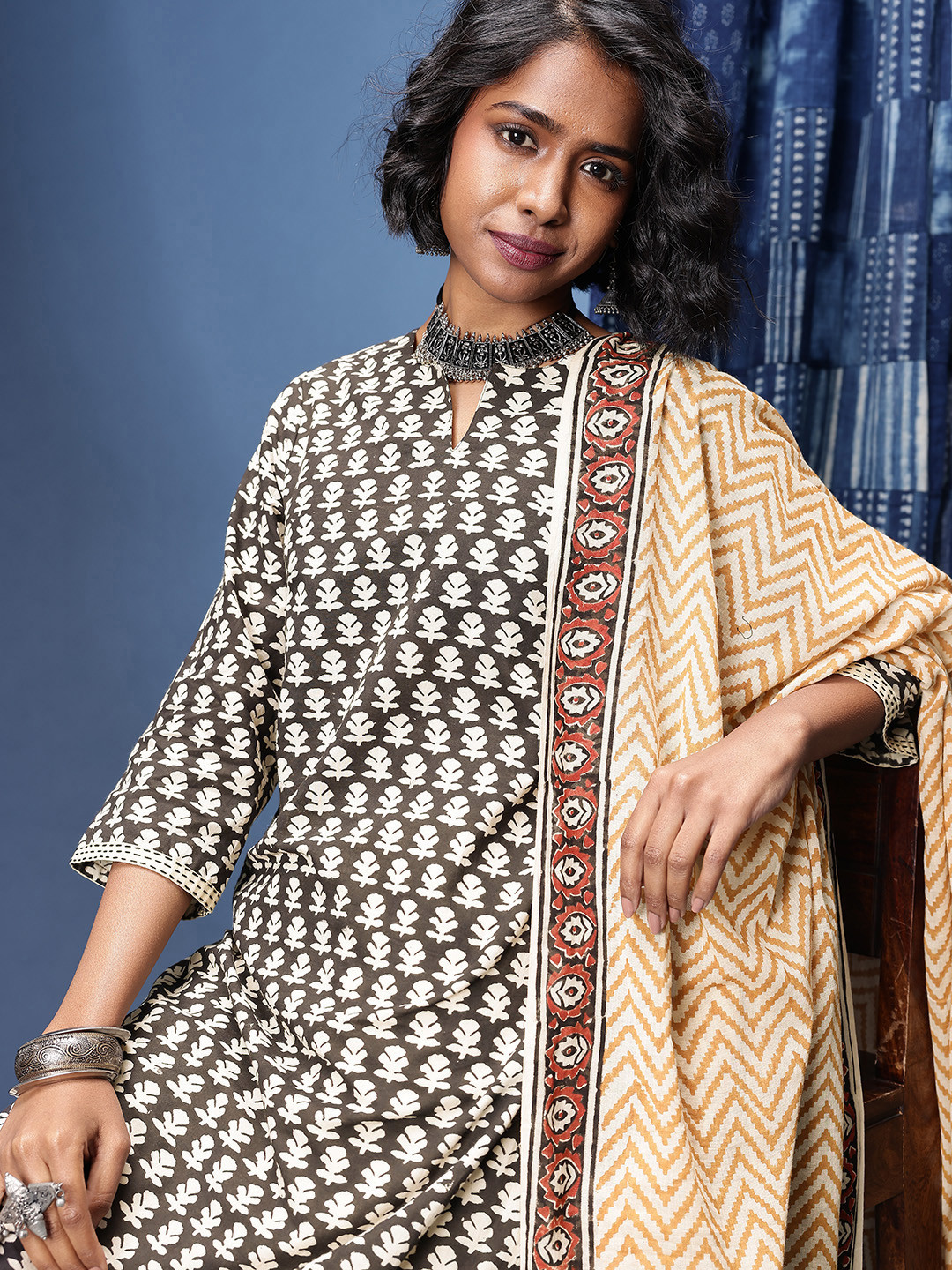 Black - 3pc Cotton Bagru Print Kurta with Shibori Dupatta 21