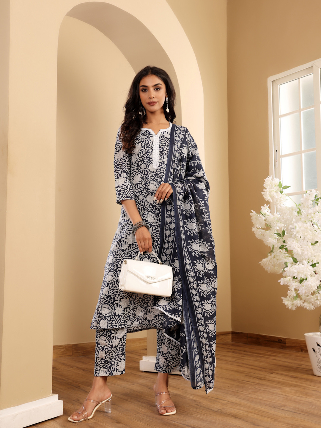 Floral Embroidered Notch Neck Georgette Straight Kurta With Sharara & Dupatta