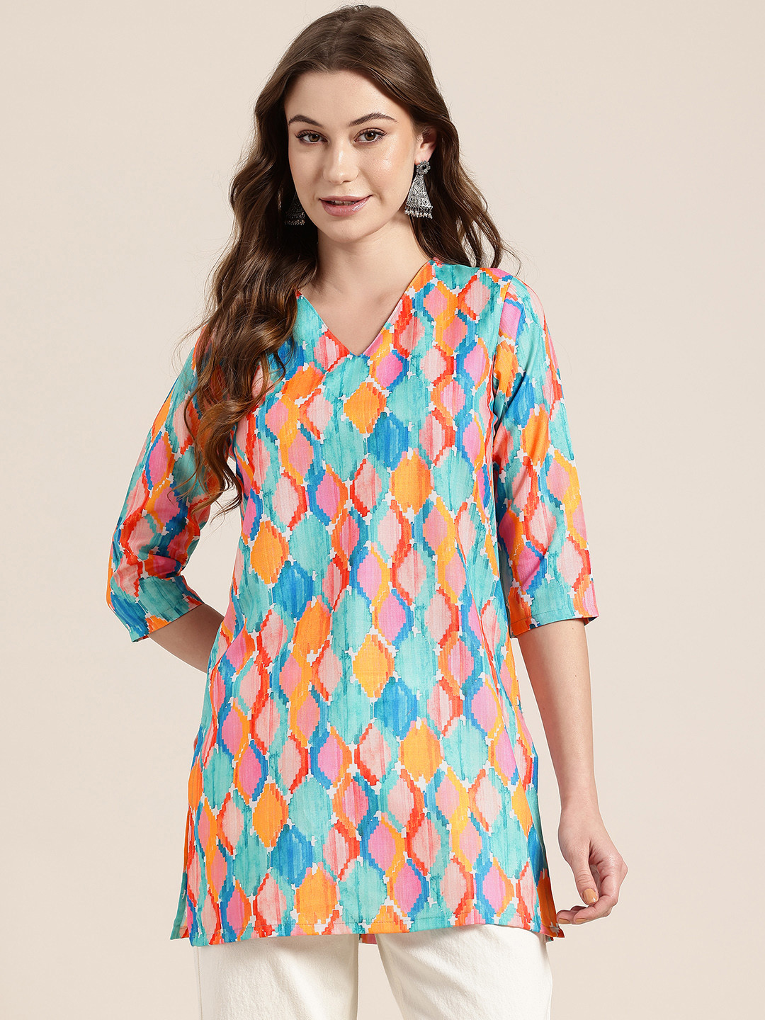 Buy HERE&NOW Abstract Printed V Neck Straight Short Kurti - Kurtis for ...