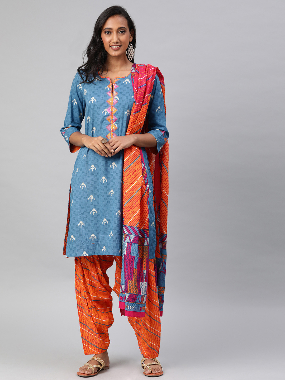 Buy Biba Women Blue & Orange Printed Kurta With Salwar & Dupatta