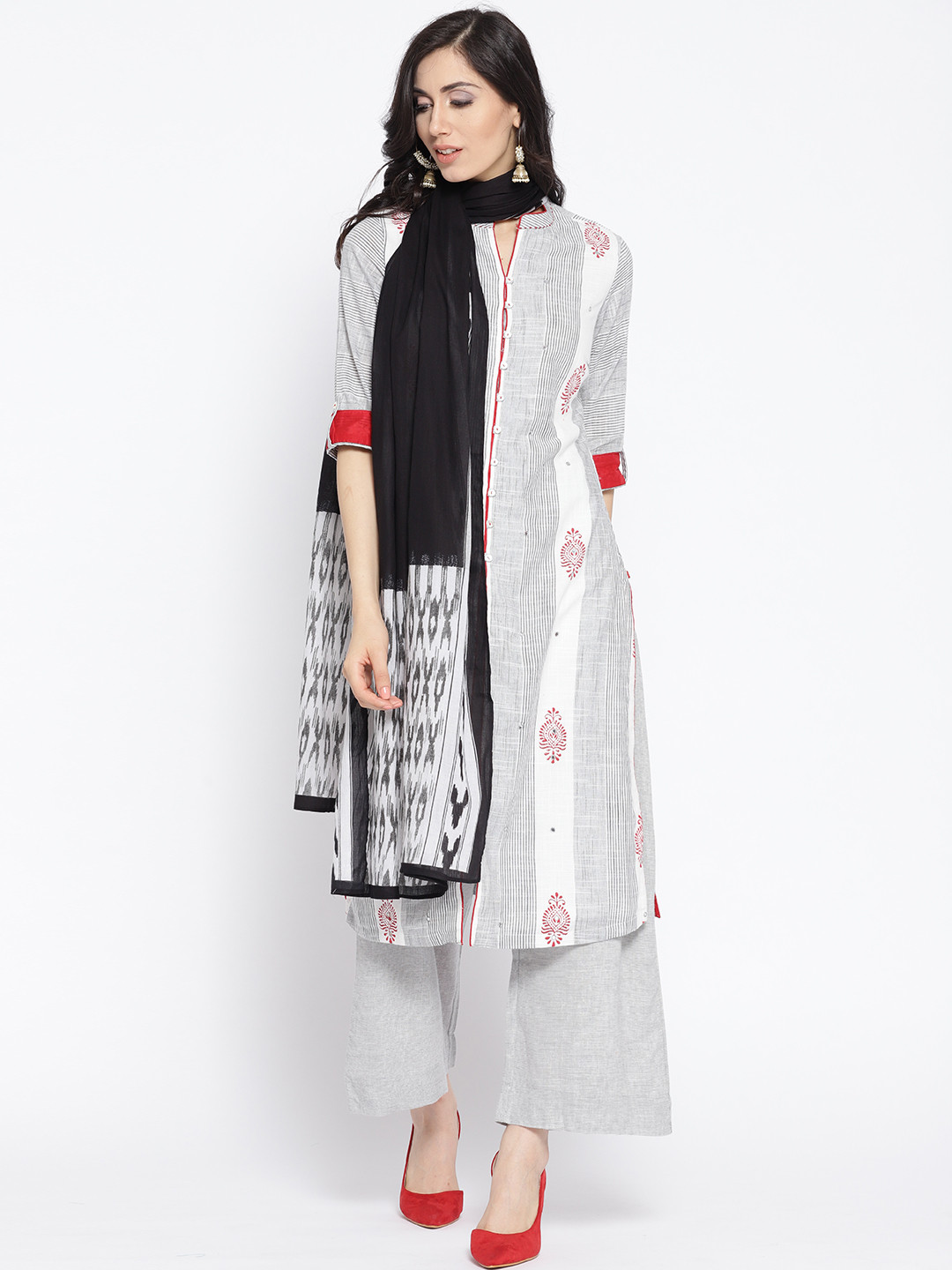 Buy Biba Women White & Grey Striped Kurta With Palazzos & Dupatta