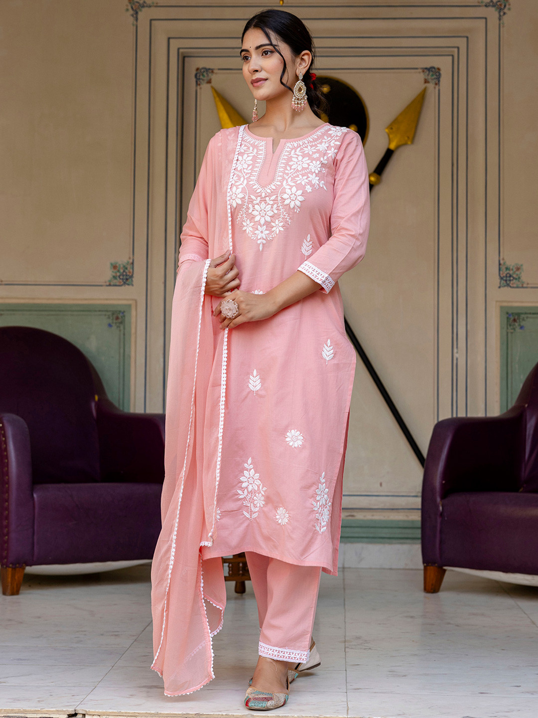 Women Red Yoke Design A-Line Kurta with Dhoti Pants