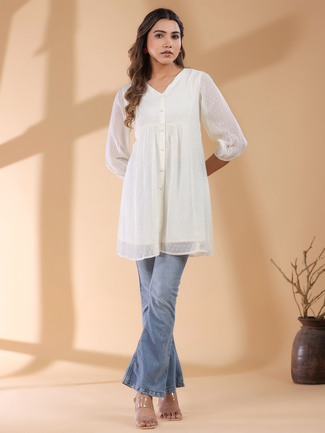 Women Off-White & Blue Printed A-Line Tunic