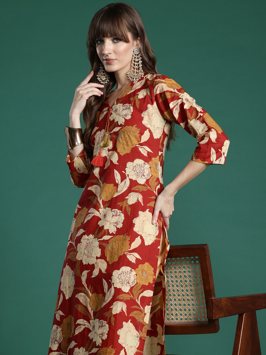 Indo Era Rust Printed Straight Kurtas