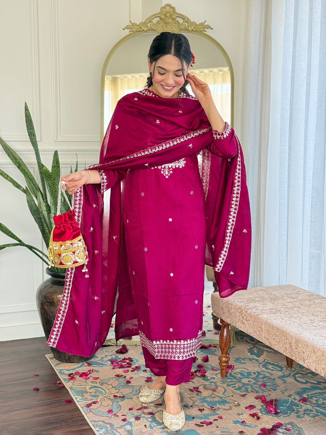 Buy KALINI Floral Embroidered Thread Work Kurta With Trouser And