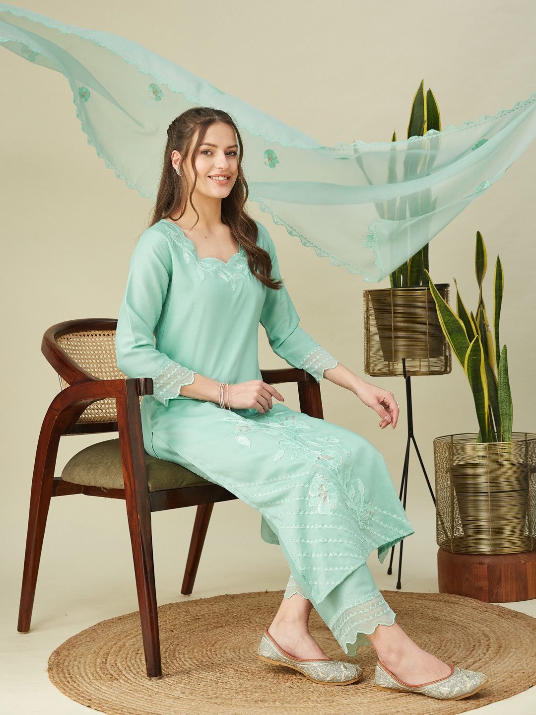 Buy Colors Of Earth Floral Embroidered Thread Work Straight Kurta With ...