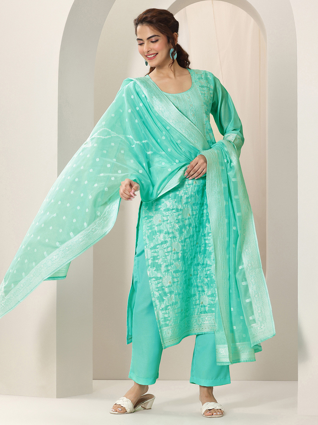 Magenta Woven Design Chanderi Silk A-Line Kurta With Trousers & Dupatta